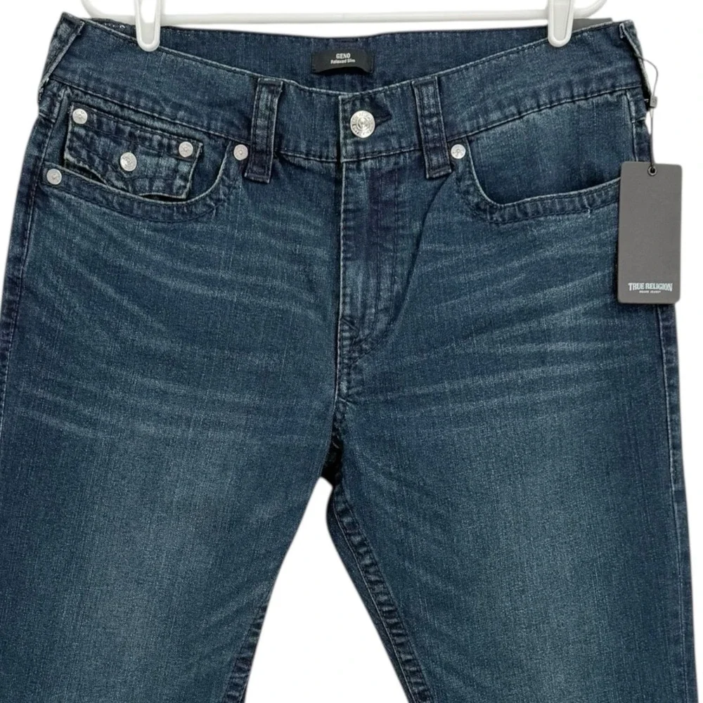 True Religion Men's Geno Relaxed Slim Big T Blue Denim Jeans 36x32 NWT $199.00